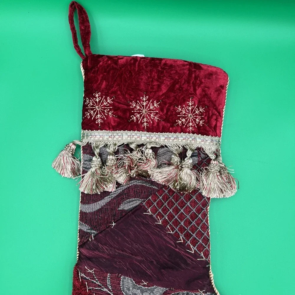 Christmas Stocking quilted Tapestry Tassels‎ Satin Ribbon Mixed Fabrics 18